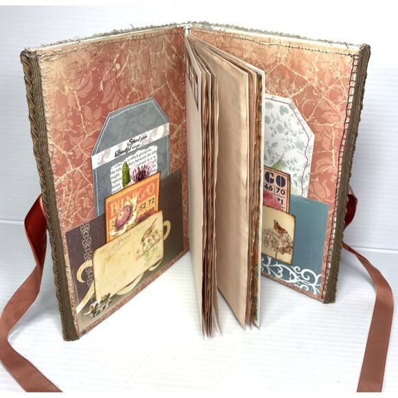 Junk Journal  Folio Waterfall Pages Altered Paper Sampler Booklet Fabric Cover - Picture 7 of 16